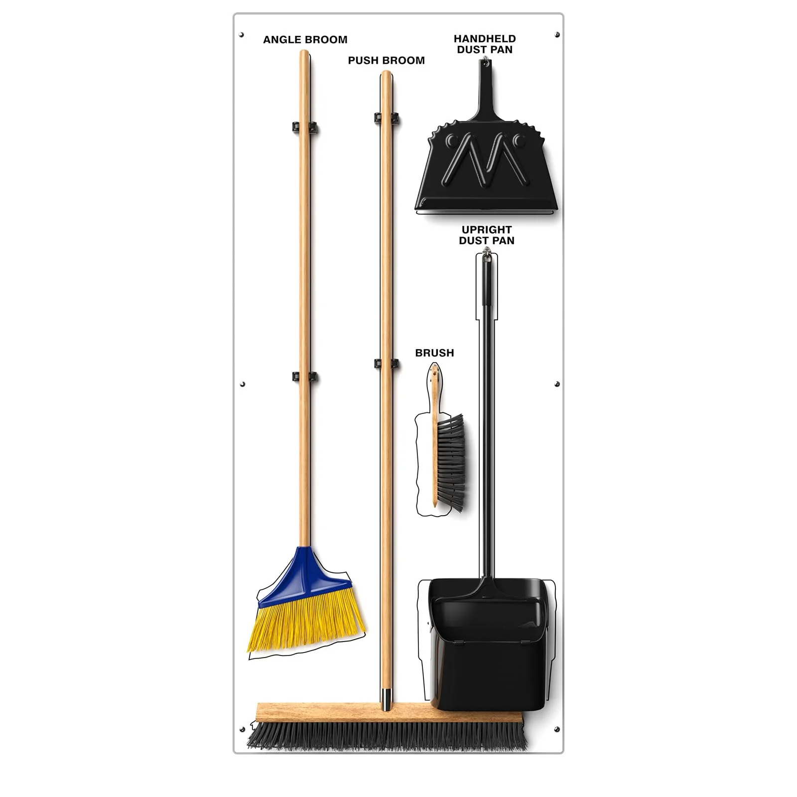 Clean & Sweep PSB116WTWT 5S Shadow Board/Wall Mount Broom Holder, 68" x 30" Board, 5S Cleaning Station with Broom and Dustpan Set Included, Made in The USA by AccuformNMC, White