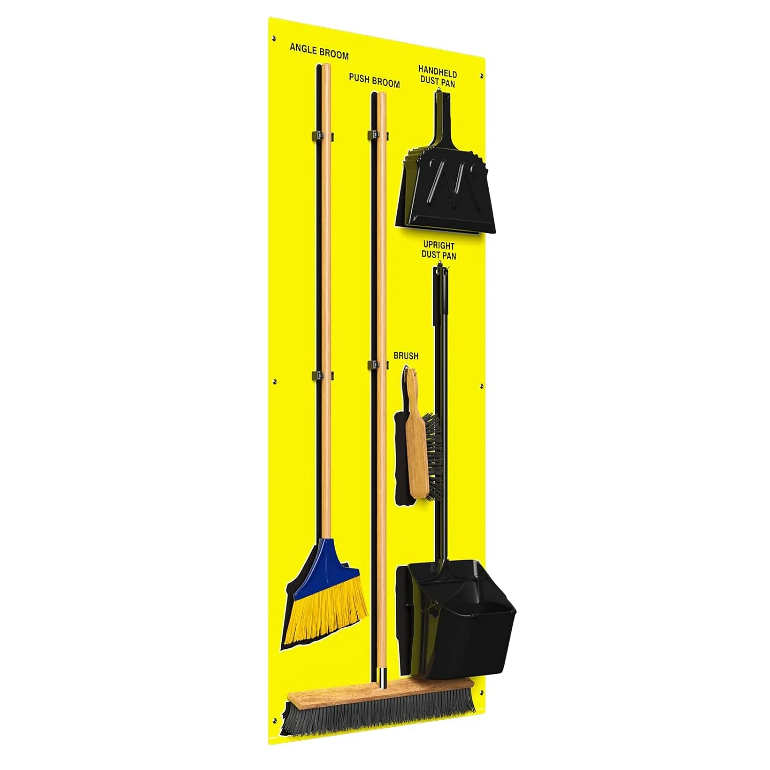 Clean & Sweep 5S Shadow Board/Wall Mount Broom Holder, 68" x 30" Board, 5S Cleaning Station - with Broom and Dustpan Set Included, PSB116YLBK Yellow/Black Accu-Shield - Image 3