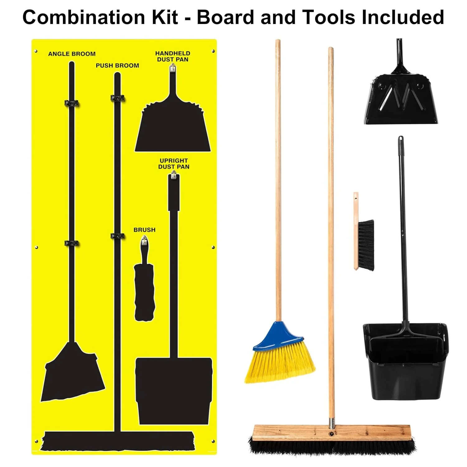 Clean & Sweep PSB616YLBK 5S Shadow Board/Wall Mount Broom Holder, 68" x 30" Board, 5S Cleaning Station - with Broom and Dustpan Set Included, Yellow/Black - Image 3
