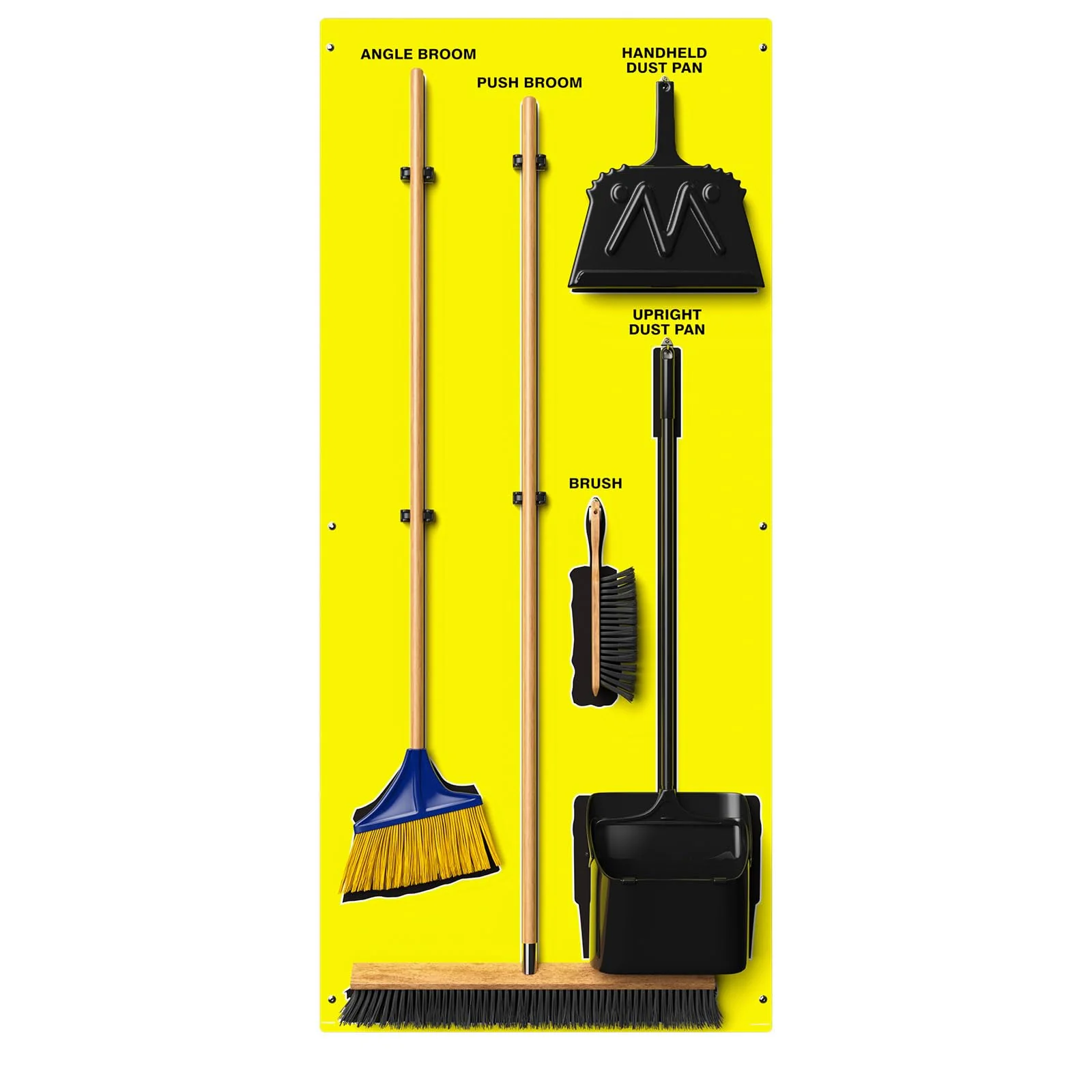 Clean & Sweep PSB716YLBK 5S Shadow Board/Wall Mount Broom Holder, 68" x 30" Board, 5S Cleaning Station with Broom and Dustpan Set Included, Yellow/Black