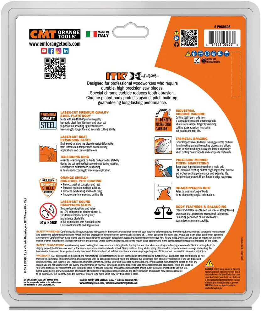 CMT P08060S ITK Plus Finish Sliding Compound Miter Saw Blade with 8-1/2 x 60 Teeth, 10-Degree ATB Shear and 5/8-Inch Bore - Image 5