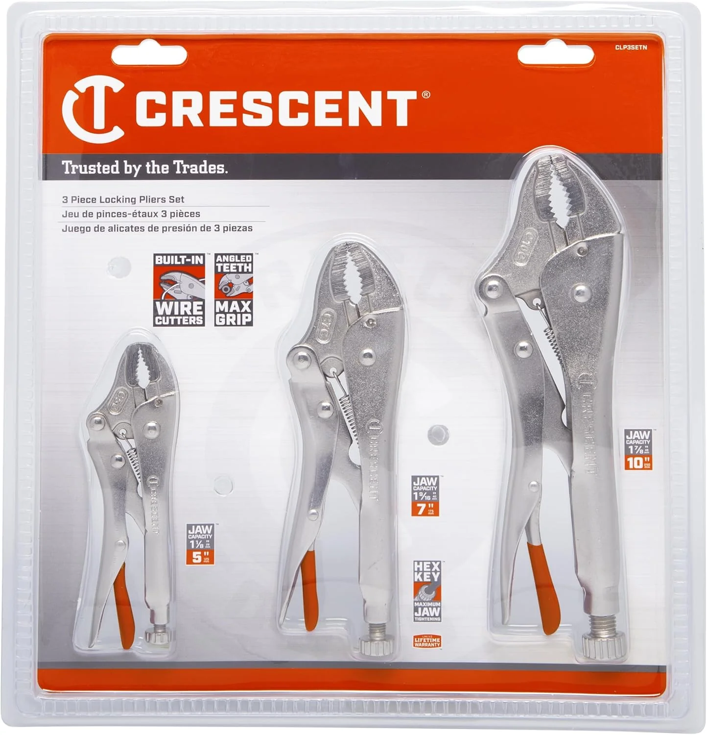Crescent Curved Jaw Locking Pliers with Wire Cutter - 3 Piece Set - Home DIY & Professional Mechanic Hand Tool for Nuts & Bolts, Cables, Wires - 5", 7" & 10" - CLP3SETN-08 - Image 2