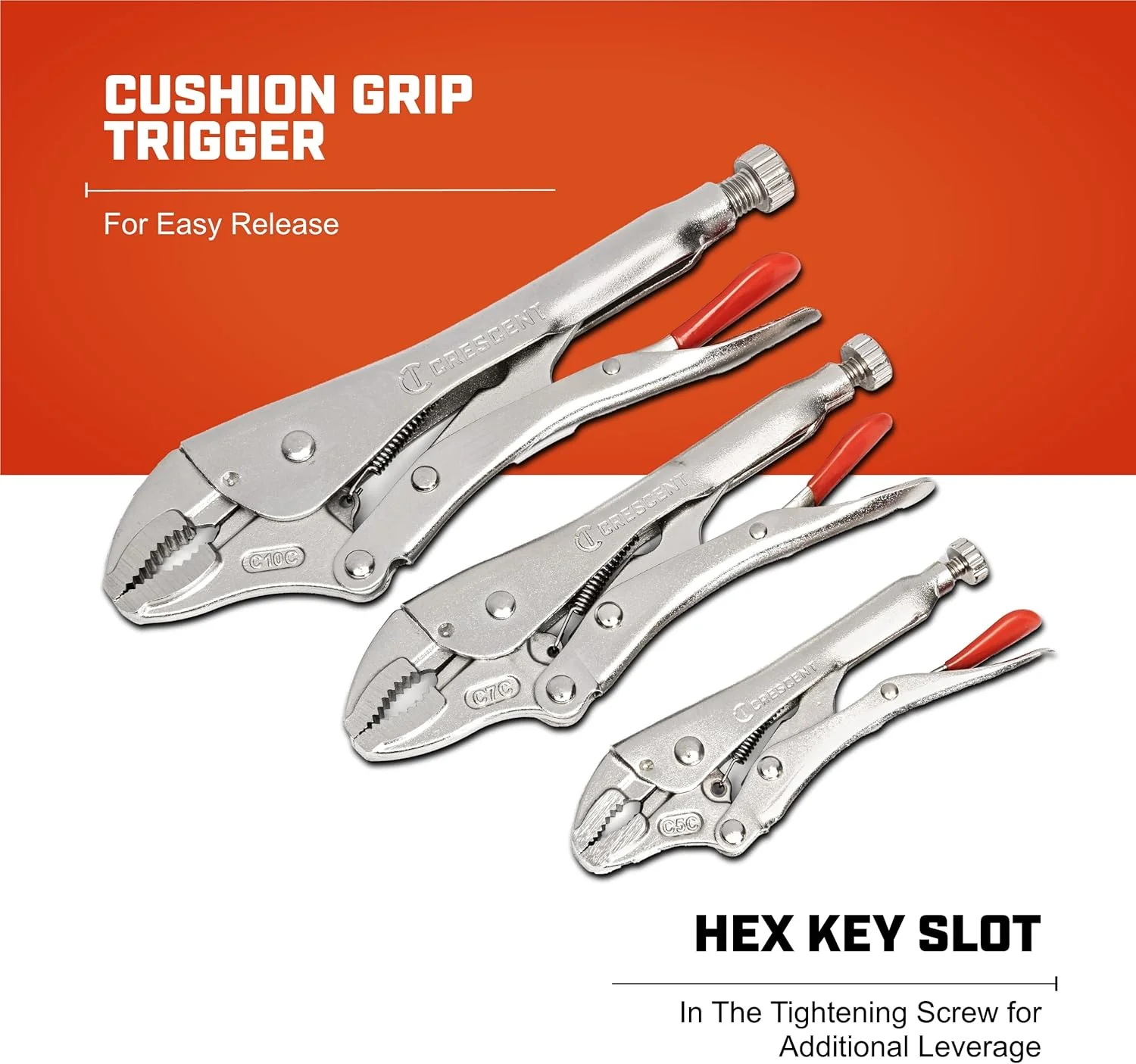 Crescent Curved Jaw Locking Pliers with Wire Cutter - 3 Piece Set - Home DIY & Professional Mechanic Hand Tool for Nuts & Bolts, Cables, Wires - 5", 7" & 10" - CLP3SETN-08 - Image 5
