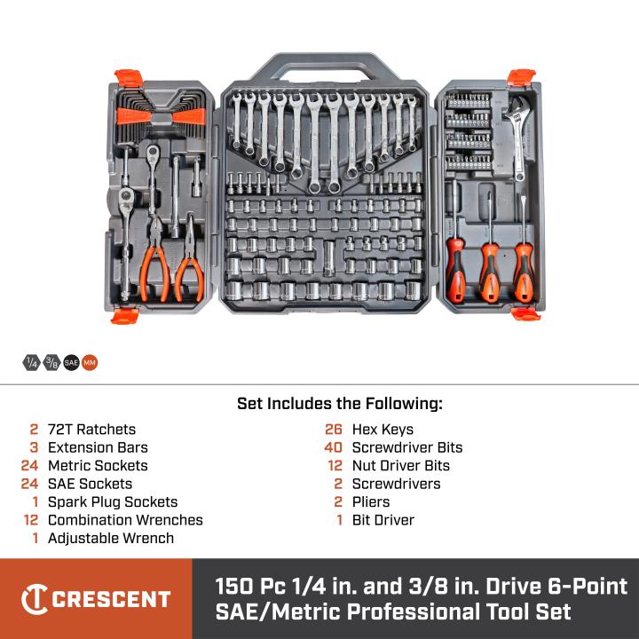 Crescent (CTK150) 150-Piece 1/4" and 3/8" Drive 6-Point SAE/Metric Professional Tool Set - Image 2