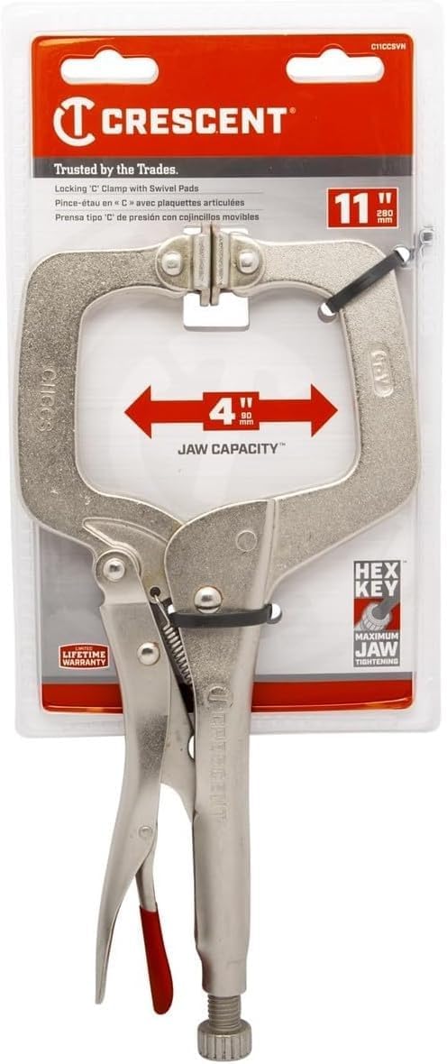 Crescent C11CCSVN Locking 11" C-Clamp with Swivel Pad Tips, Heavy-Duty Adjustable Clamp with Hex Key Recess & Compound Action - Image 2