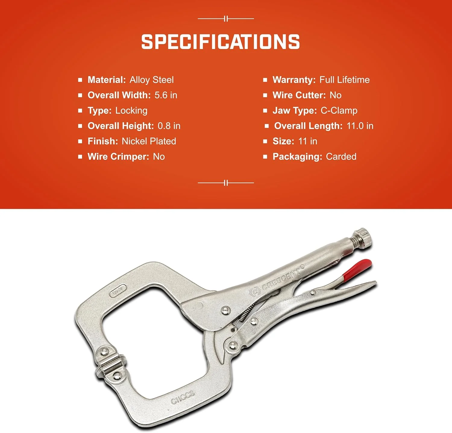 Crescent C11CCSVN Locking 11" C-Clamp with Swivel Pad Tips, Heavy-Duty Adjustable Clamp with Hex Key Recess & Compound Action - Image 5