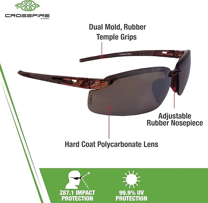 Radians 29117 Crossfire Brown Safety Glasses, Scratch-Resistant, Frameless - Image 4