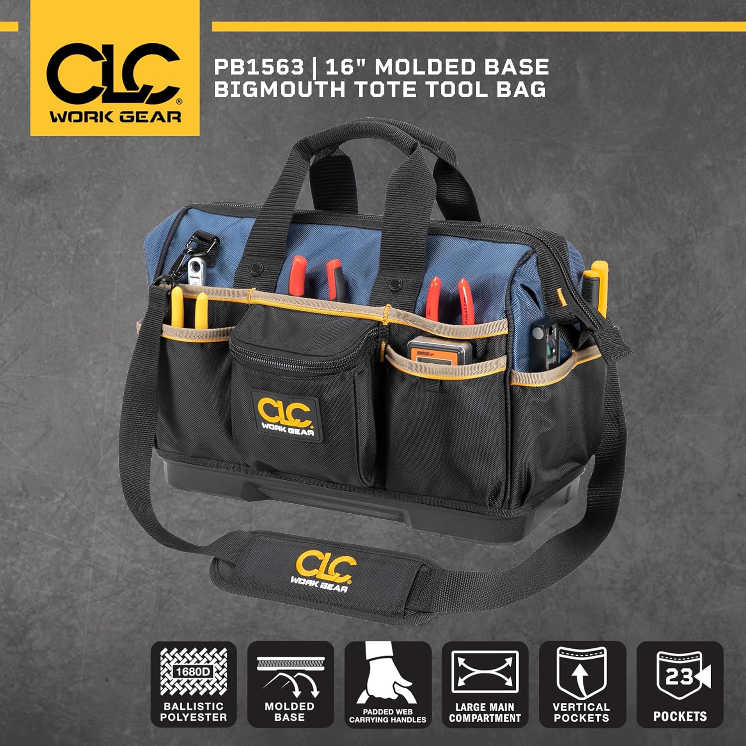 Custom Leathercraft CLC Work Gear PB1563 16" Molded Base BigMouth Tote Tool Bag - Image 6