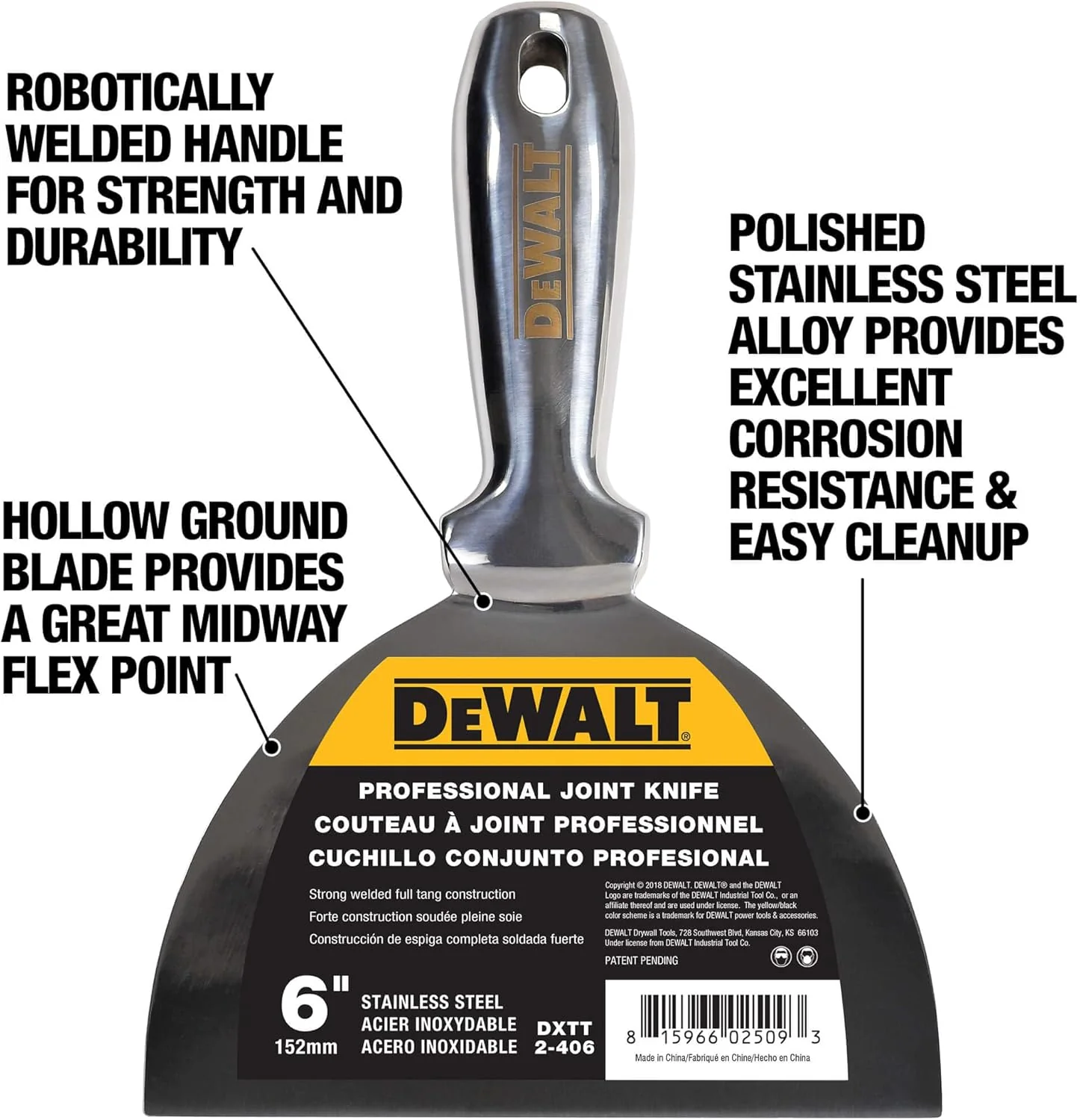 DEWALT 6" Stainless Steel Grout Knife - High Quality Polished Metal Blade - (2-406) - Image 4