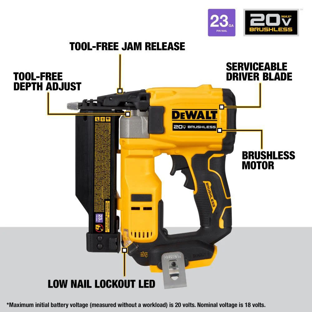 DeWALT (DCN623B) 20V ATOMIC MAX Compact Series Pin Nailer 23-Gauge (Bare Tool) - Image 2