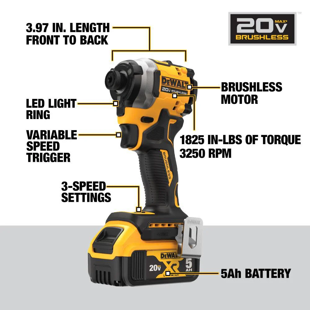 DeWALT DCF850P1 ATOMIC 20V MAX Impact Driver Kit 1/4 In. 3-Speed Brushless Cordless - Image 7