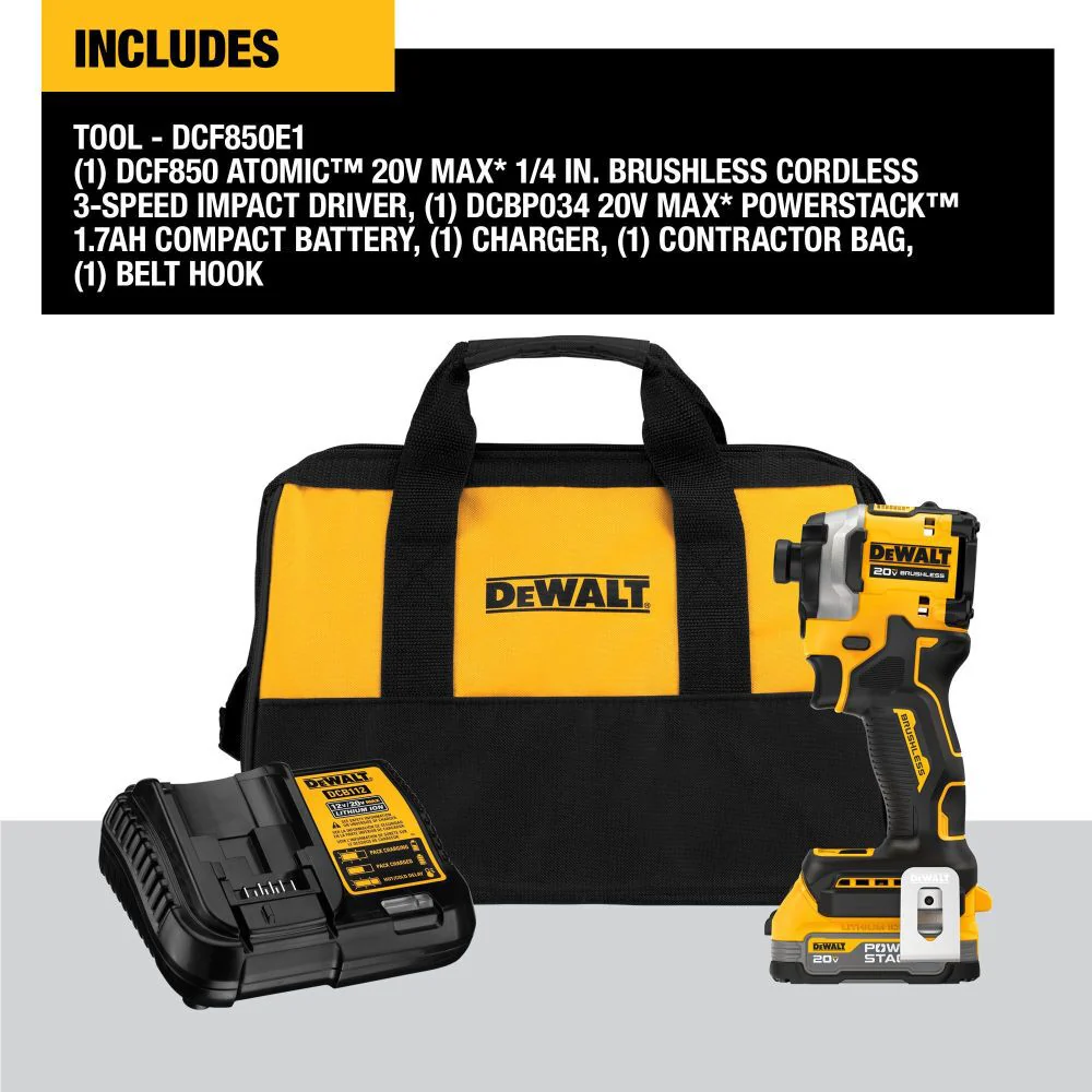 DeWALT DCF850E1 ATOMIC Brushless Cordless 1/4 In. 3-Speed Impact Driver with POWERSTACK Compact Battery - Image 7