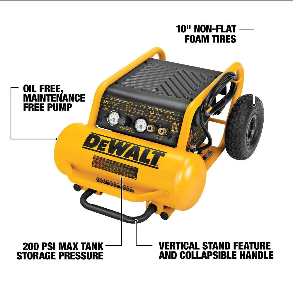 DeWALT 1.6 Hp (D55146) Continuous 200 Psi, 4.5 Gallon Compressor, 17" x 33.75" x 24.5" - Image 4