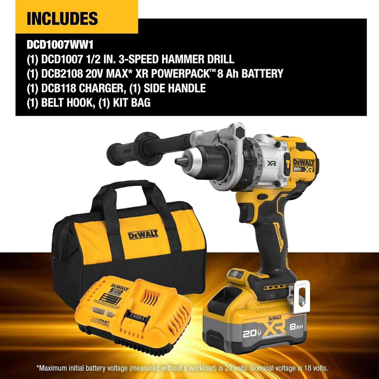 DEWALT DCD1007WW1 20V MAX XR Brushless Cordless 1/2 in. 3-Speed Hammer Drill Kit with XR POWERPACK - Image 5
