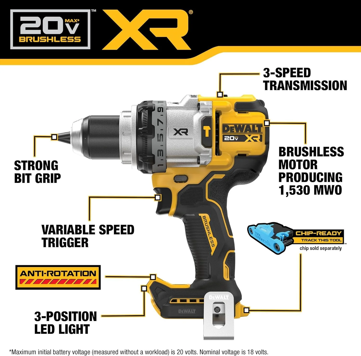 DEWALT DCD1007WW1 20V MAX XR Brushless Cordless 1/2 in. 3-Speed Hammer Drill Kit with XR POWERPACK - Image 6
