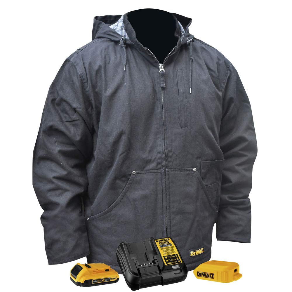 DEWALT DCHJ076A Heated Heavy Duty Work Coat Kit with 2.0Ah Battery and Charger, Large, Black (DCHJ076ABD1-L)