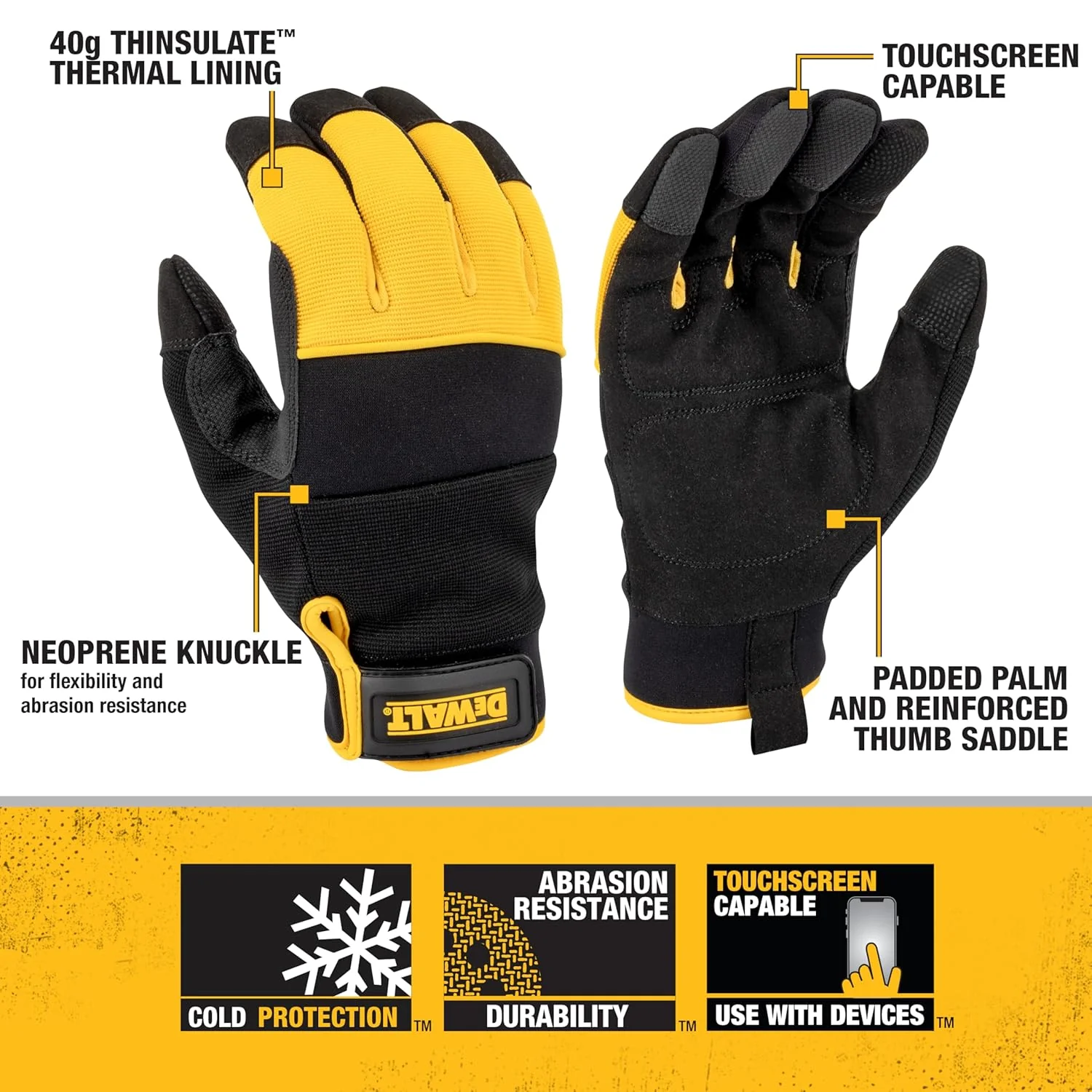 DEWALT DPG749 Unisex 40g Thinsulate Lined Cold Weather Glove with Padded Palm, Knuckle Gards and Touchscreen, Yellow/Black, Large - Image 2