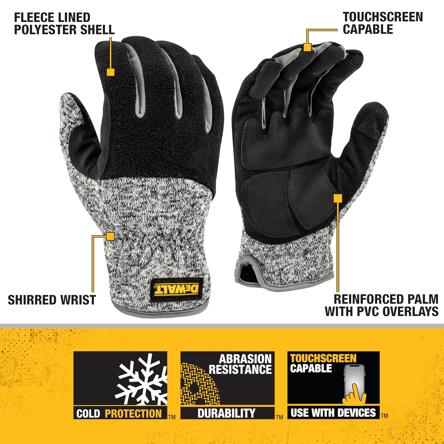 DEWALT DPG751 Unisex Padded Palm Fleece Slip-On Cold Weather Glove with Touchscreen, Black/Gray, Medium - Image 2