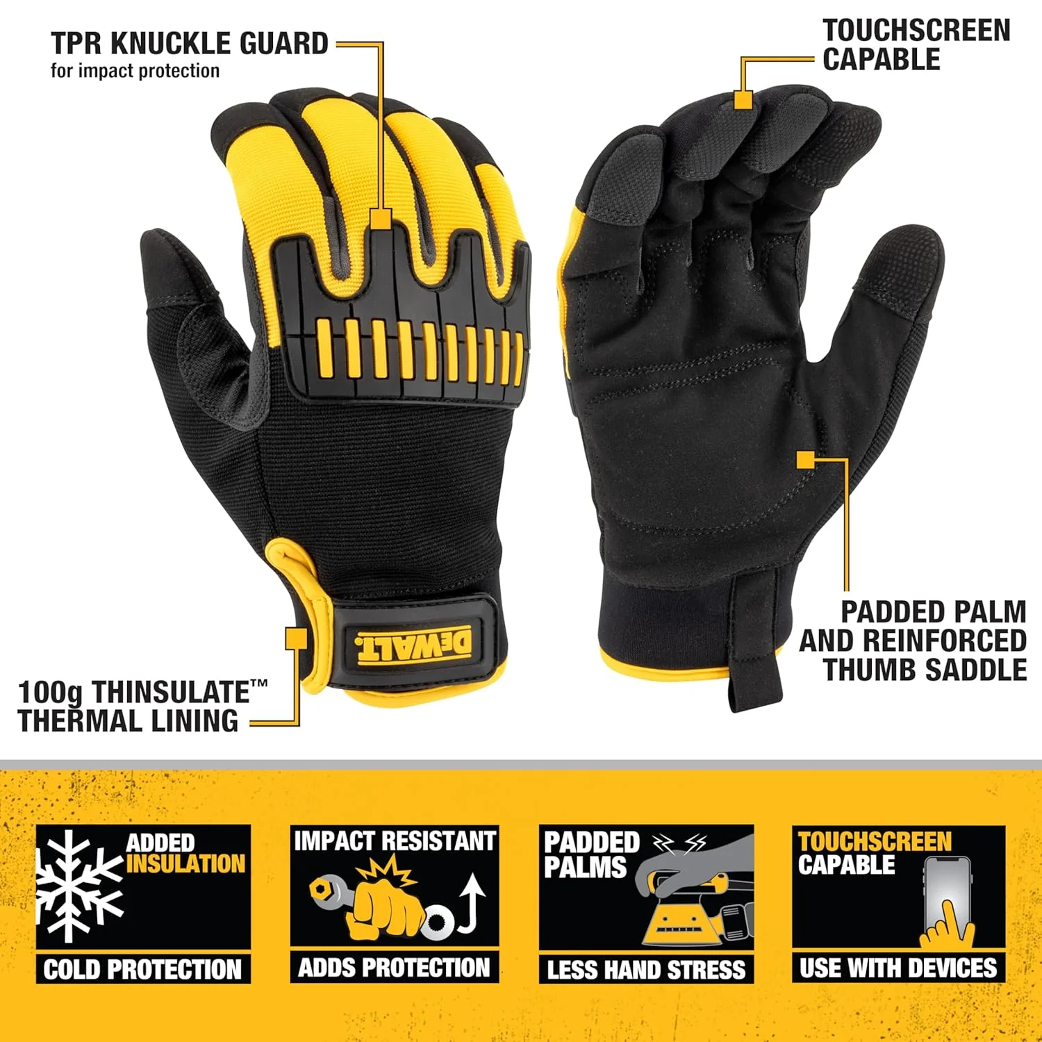 DEWALT DPG758 Unisex Heavy-Duty 100g Thinsulate Lined Cold Weather Impact Glove with Padded Palm, TPR and Touchscreen, Size Large - Image 2