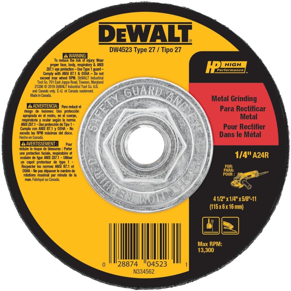 DEWALT DW4523 4-1/2" x 1/4" x 5/8"-11 High Performance Metal Grinding Wheel