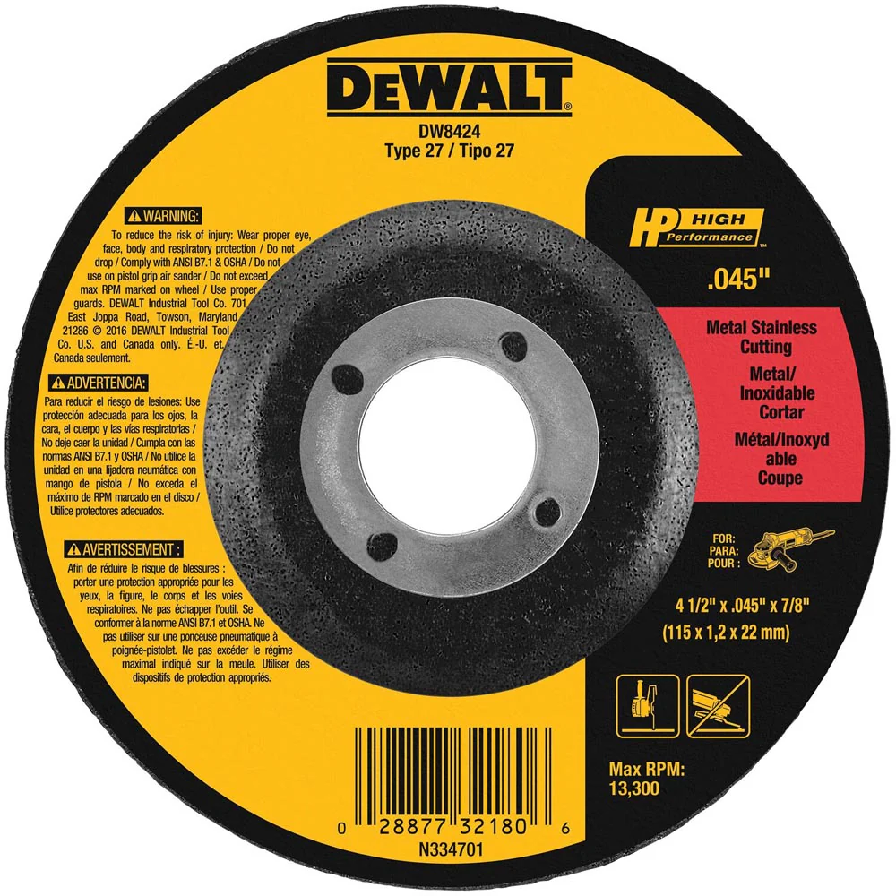 DEWALT DW8424 4-1/2" x 0.045" x 7/8" Type 27 High Performace Metal Cutting Wheel