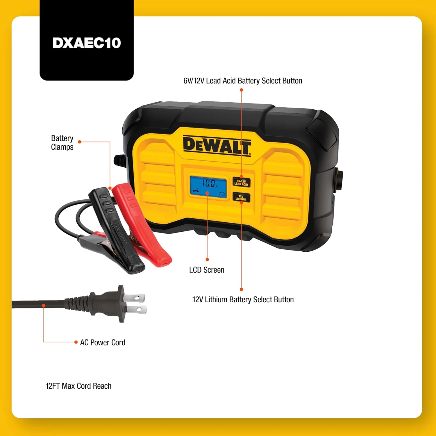 DeWalt DXAEC10 Professional 10 Amp Battery Charger, Battery Maintainer, Battery Trickle Charger - Image 6