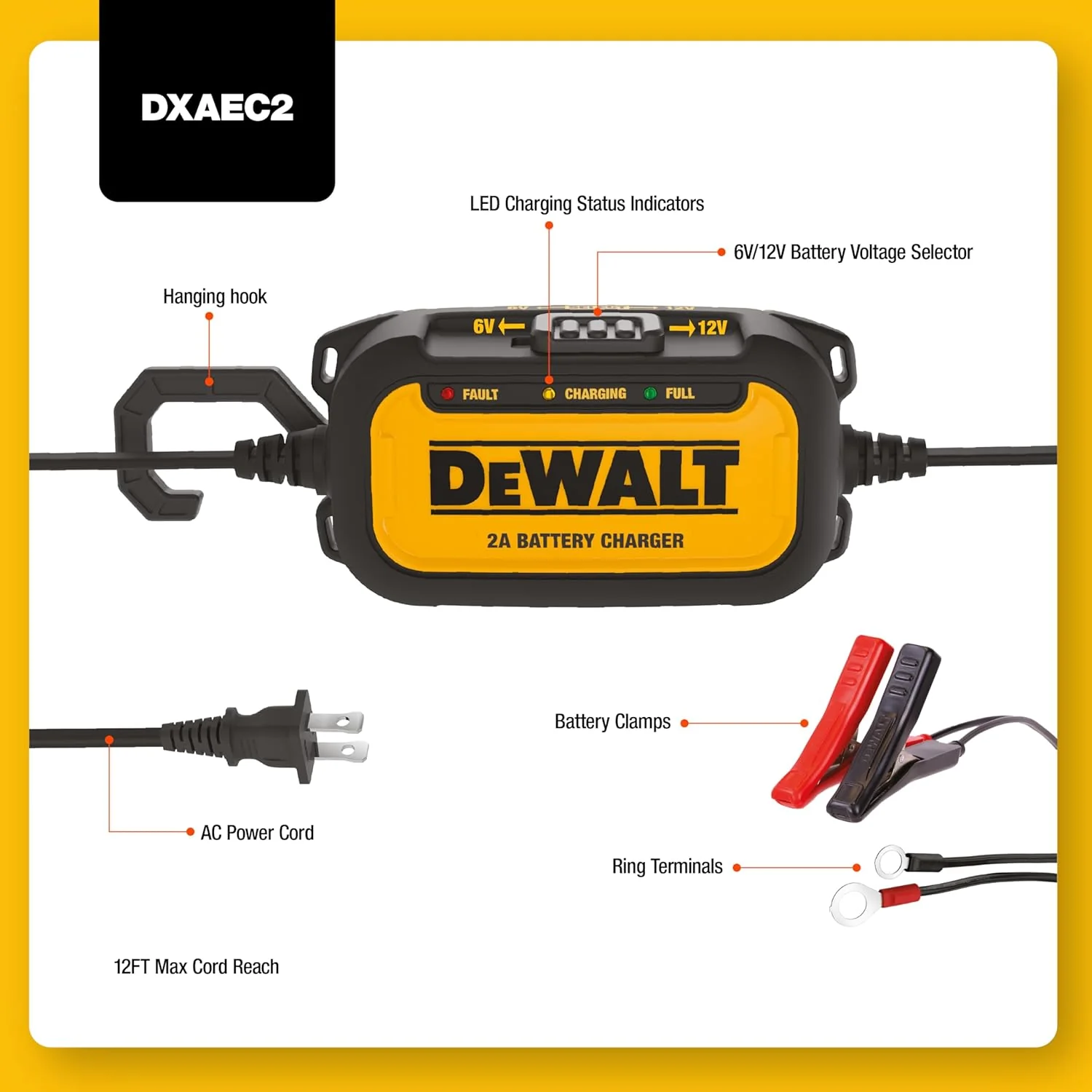 DeWalt DXAEC2 Professional 2 Amp Automotive Battery Charger and Maintainer, Yellow - Image 3