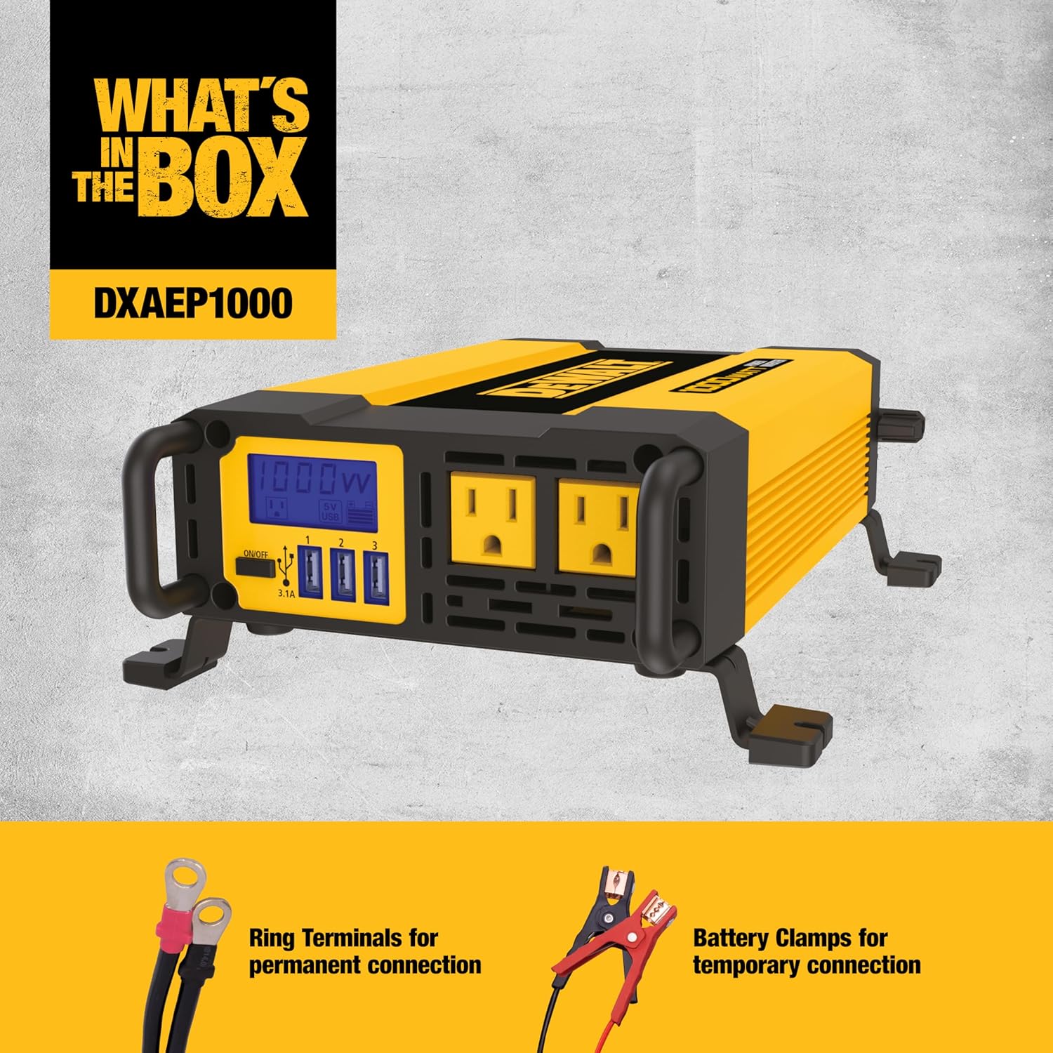 DEWALT DXAEPI1000 Power Inverter 1000W Car Converter with LCD Display: Dual 120V AC Outlets, 3.1A USB Ports, 12V DC Adapter, Battery Clamps - Image 2