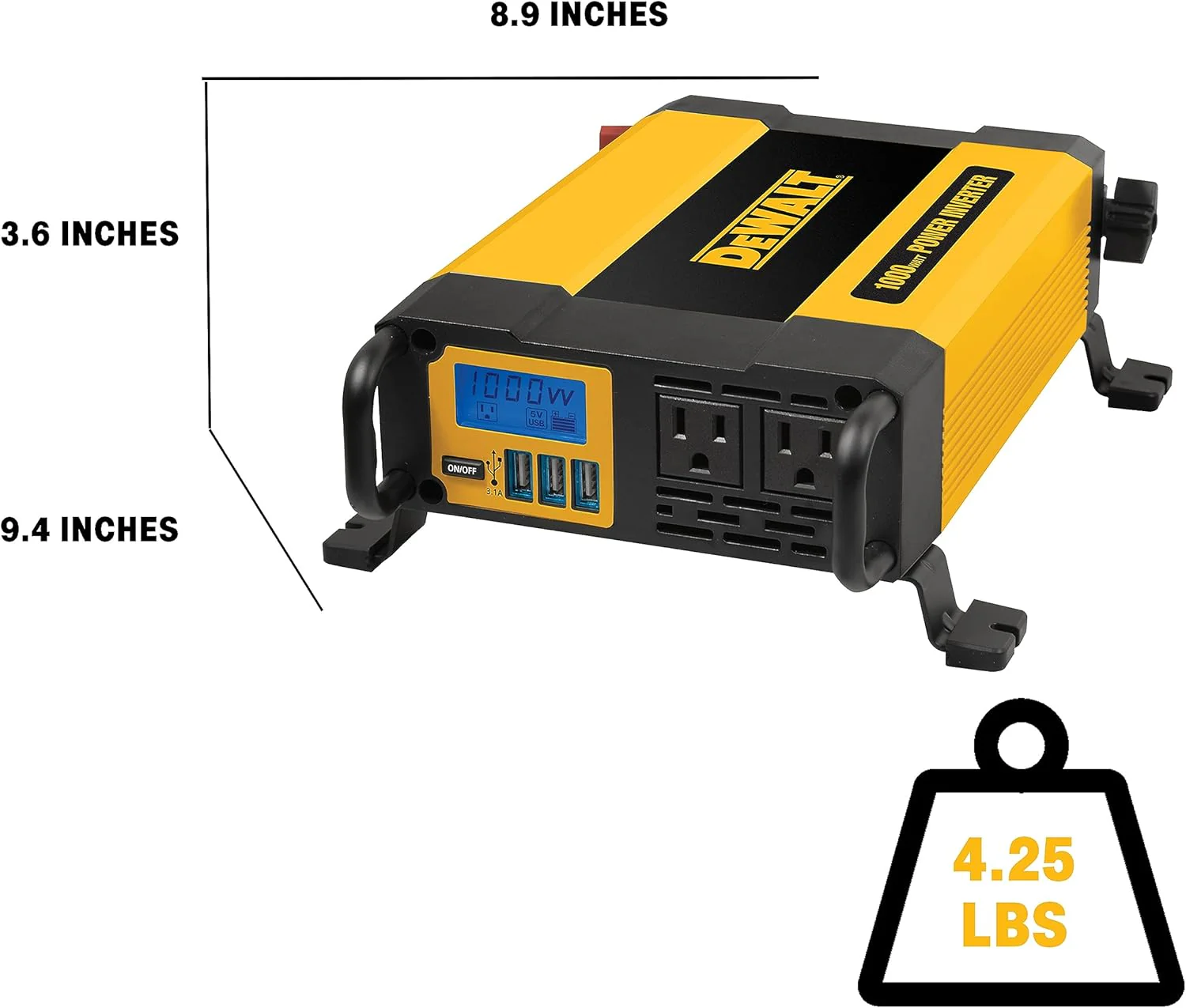 DEWALT DXAEPI1000 Power Inverter 1000W Car Converter with LCD Display: Dual 120V AC Outlets, 3.1A USB Ports, 12V DC Adapter, Battery Clamps - Image 3