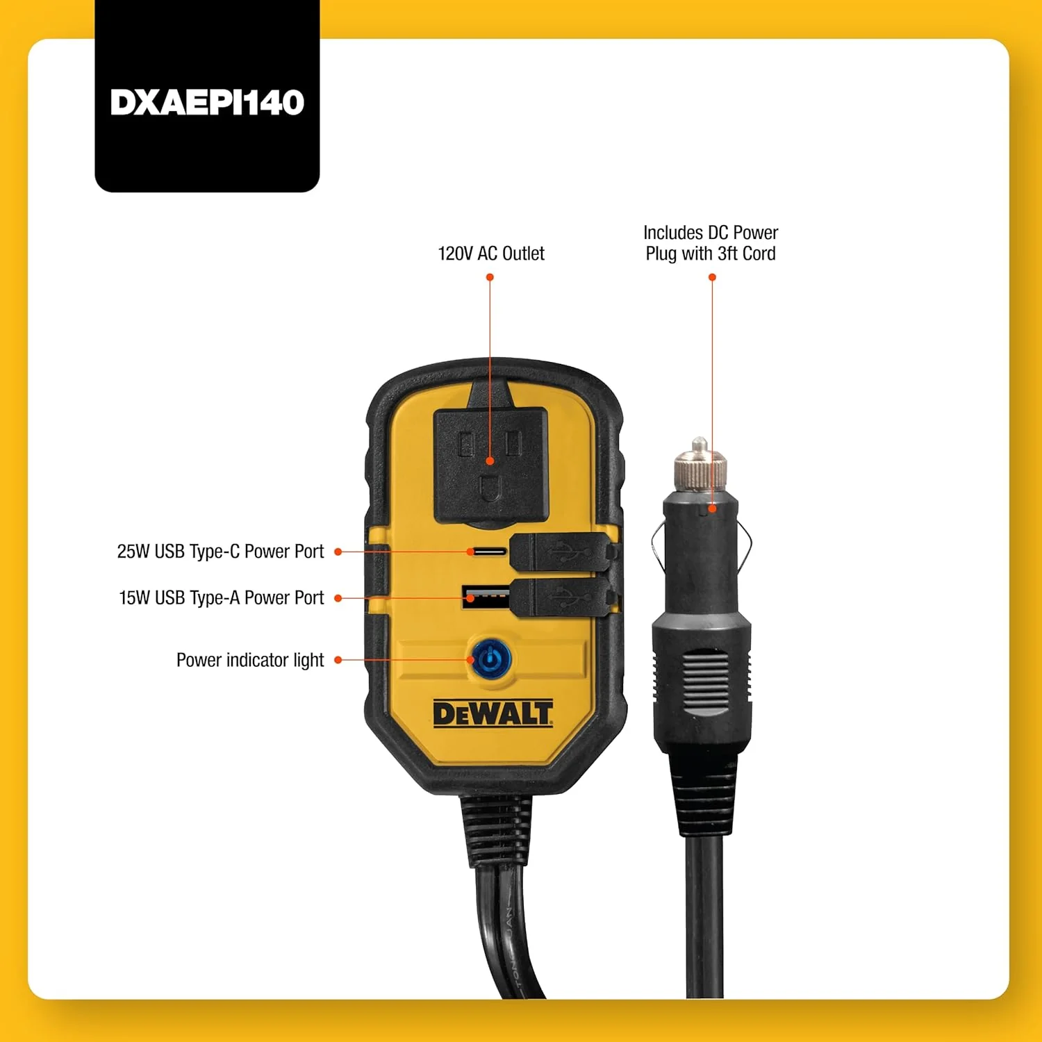 DEWALT DXAEPI140 Power Inverter 140W Car Converter: 12V DC to 120V AC Power Outlet with 25W USB Type C and 15W USB Type A Ports - Image 2