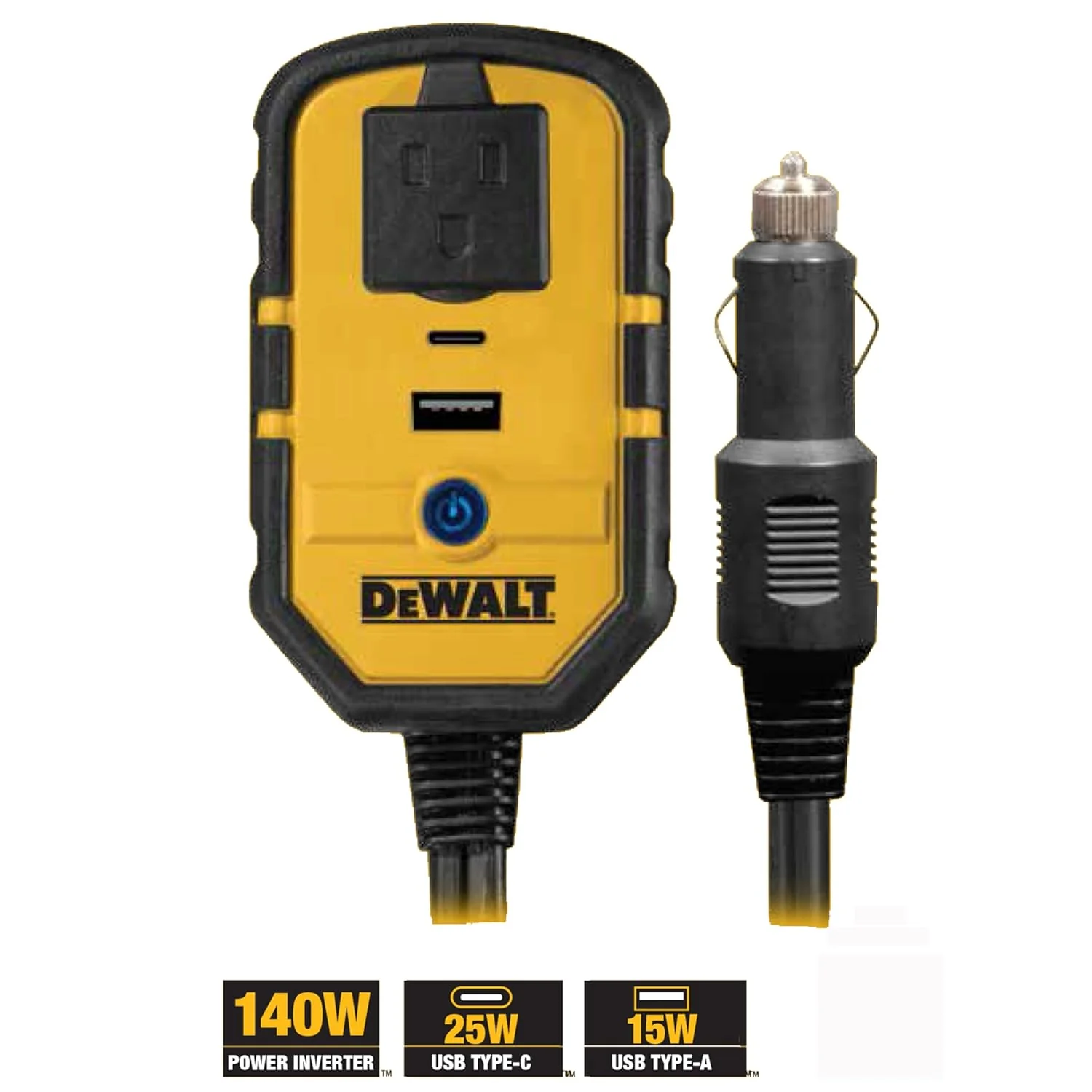 DEWALT DXAEPI140 Power Inverter 140W Car Converter: 12V DC to 120V AC Power Outlet with 25W USB Type C and 15W USB Type A Ports - Image 3