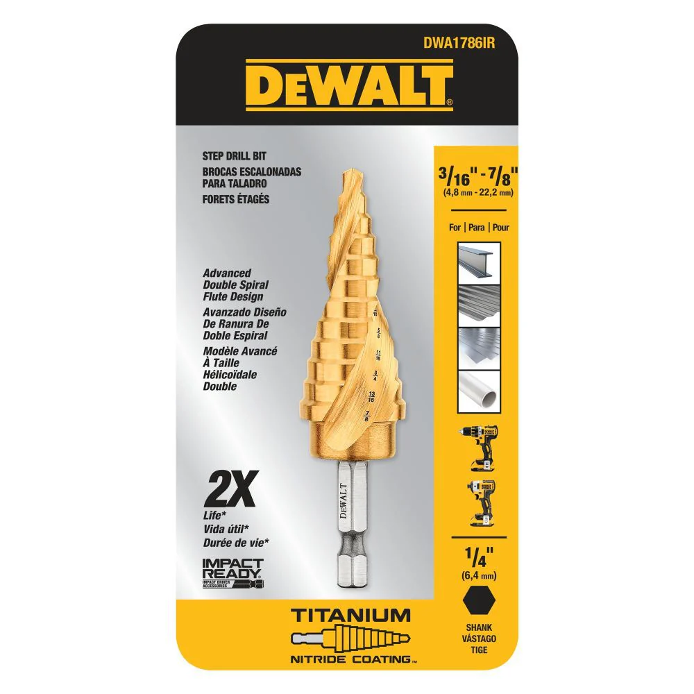 DEWALT (DWA1786IR) 3/16" - 7/8" IMPACT READY Titanium Nitride Coating Step Drill Bit - Image 2