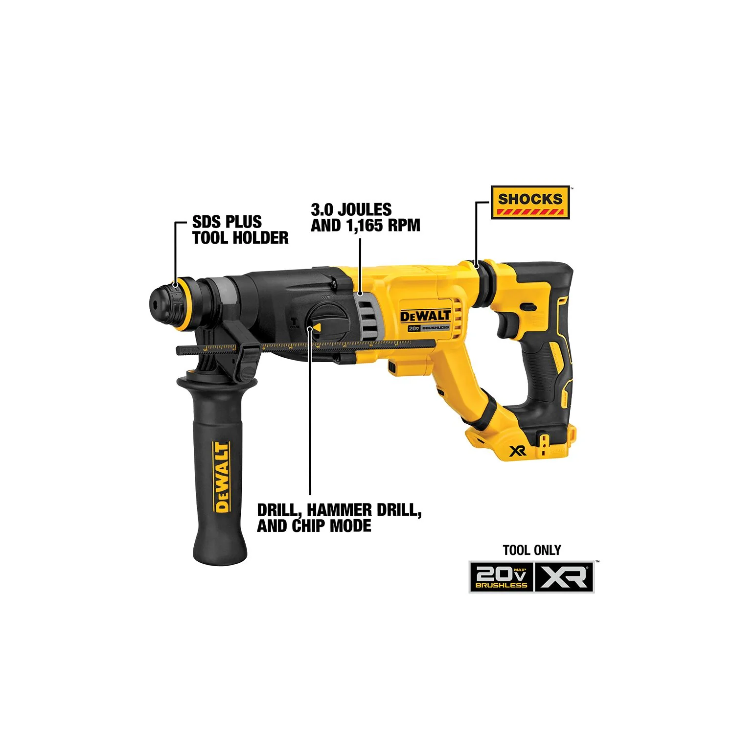 DeWALT 20V DCH263B MAX XR Brushless 1-1/8 In. SDS Plus D-Handle Rotary Hammer (Bare Tool) - Image 2