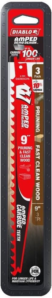 Diablo DS0903CPA3 Amped Demo Demon Carbide Teeth Reciprocating Saw Blade for Pruning and Clean Wood, Carbide Tooth Design, 9" Length, 3 TPI (Pack of 3) - Image 2