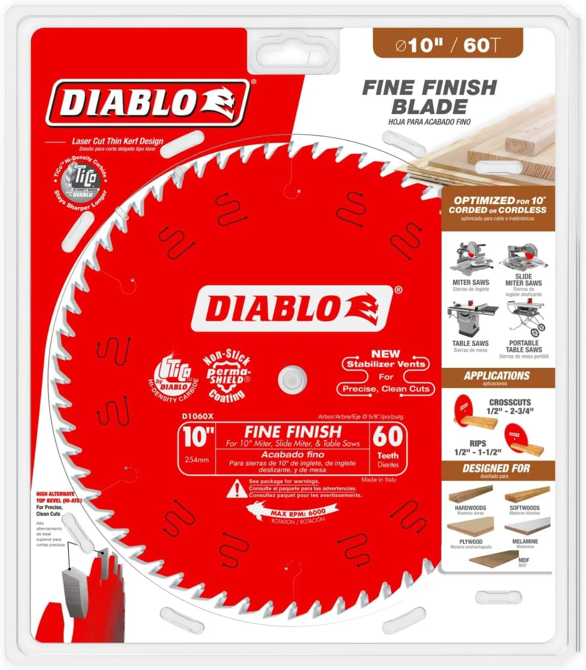 Diablo Fine Finish Saw Blade for Wood - Ultra-Smooth Cuts, 60 Hi-ATB Teeth, 10" Diameter, .098" Kerf, 5/8" Arbor - D1060X - Image 3