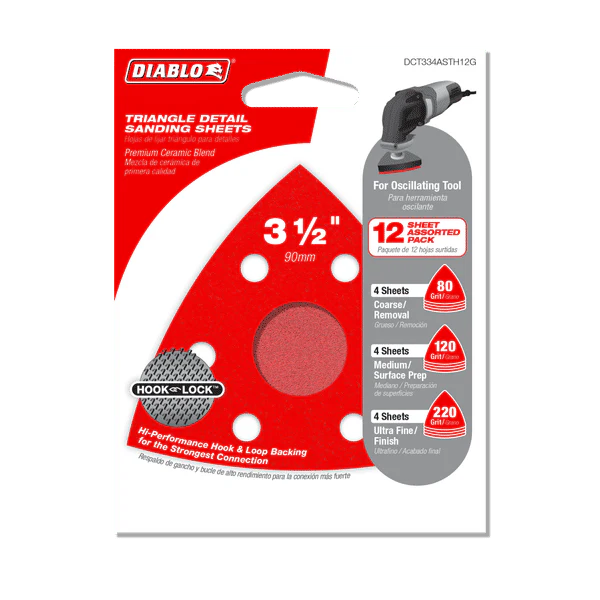 Diablo DCT334ASTH12G 3-3/4" Oscillating Detail Triangle Sanding Sheet Assorted Pack (Pack of 12) - Image 2