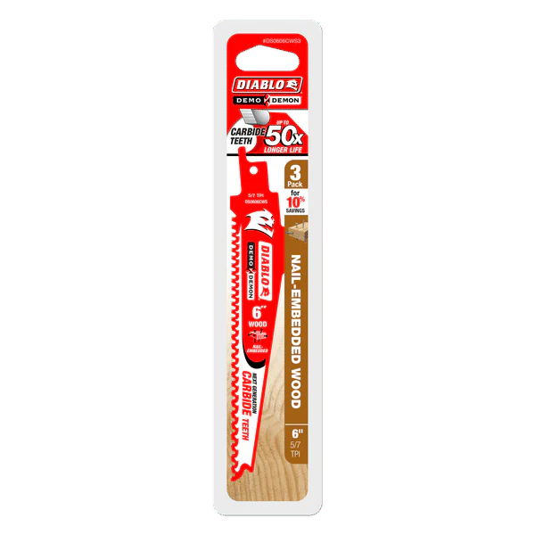 Diablo DS0606CWS3 6" Demo Demon Carbide Recip Blade for Nail-Embedded Wood, 5/7 TPI (Pack of 3) - Image 2