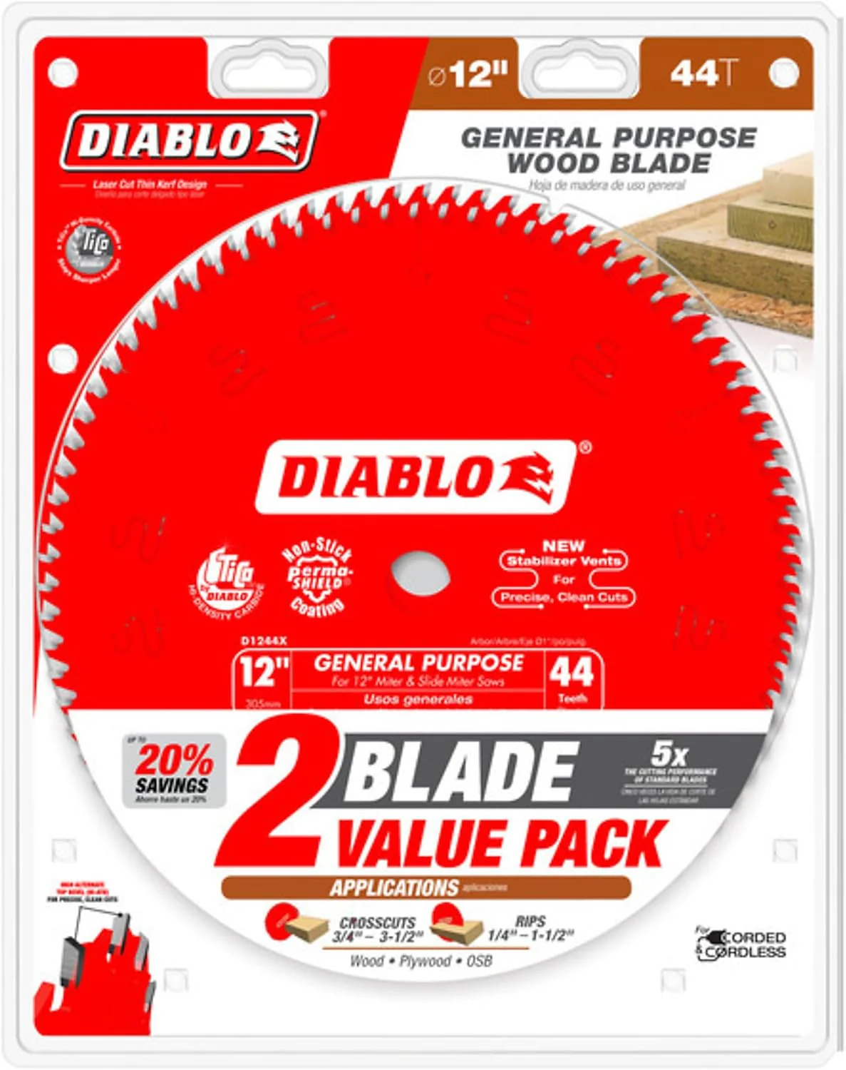 Diablo D124444VP General Purpose Carbide Circular Saw Blade with Perma-Shield Non-Stick Coating - 12" x 44-Tooth (Pack of 2) - Image 3
