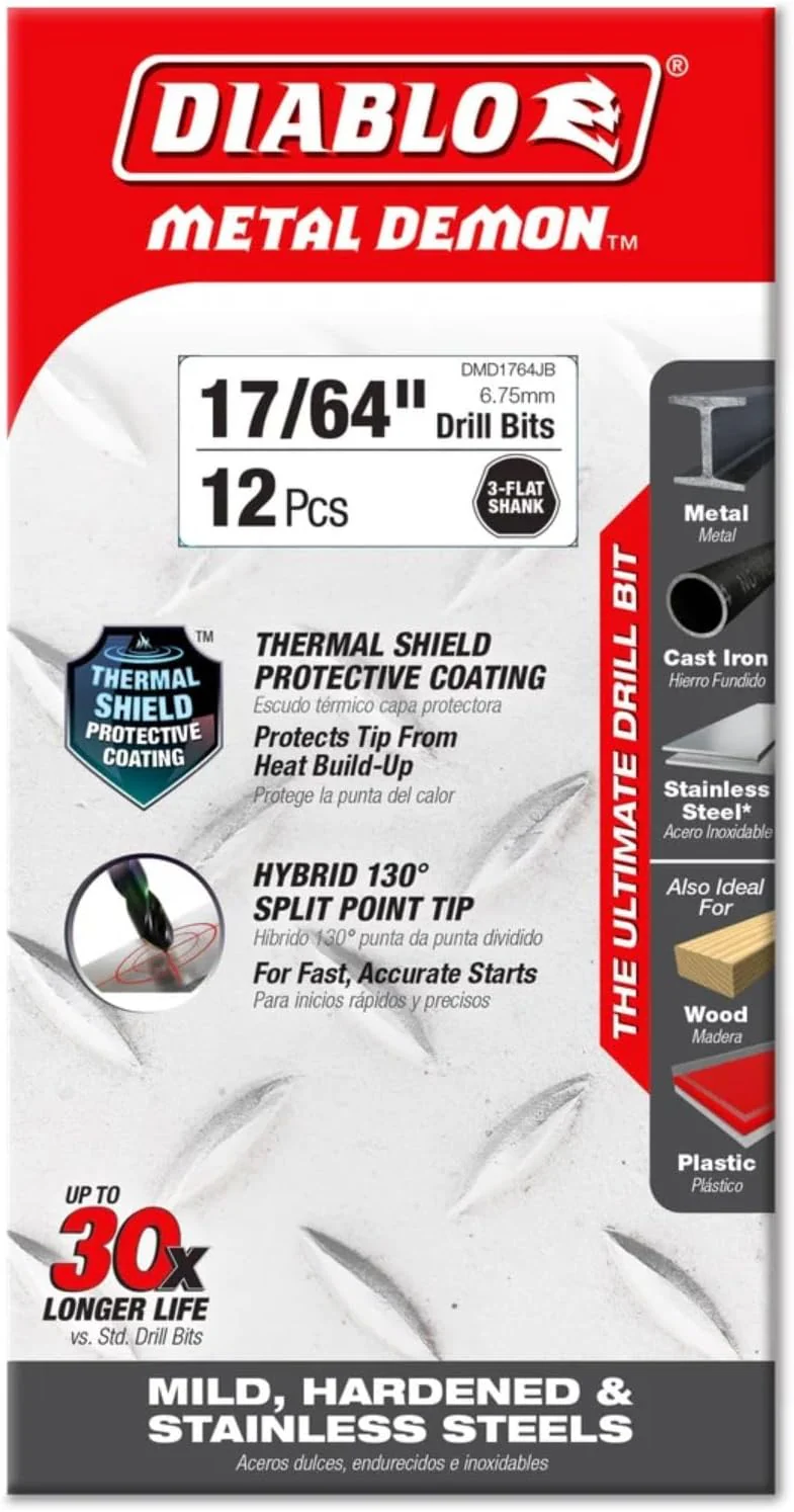 Diablo DMD1764JB Metal Demon Drill Bit with Thermal Shield Protective Coating for Mild, Hardened and Stainless Steel - 4.3" Length, 17/64" Dia., 3-Flats Shank - Image 2