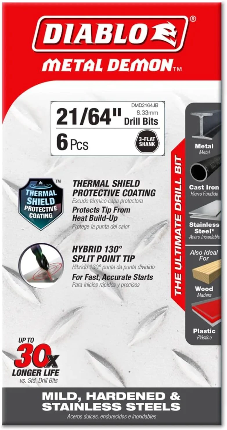 Diablo DMD2164JB Metal Demon Drill Bit with Thermal Shield Protective Coating for Mild, Hardened and Stainless Steel - 4.6" Length, 21/64" Dia., 3-Flats Shank - Image 2