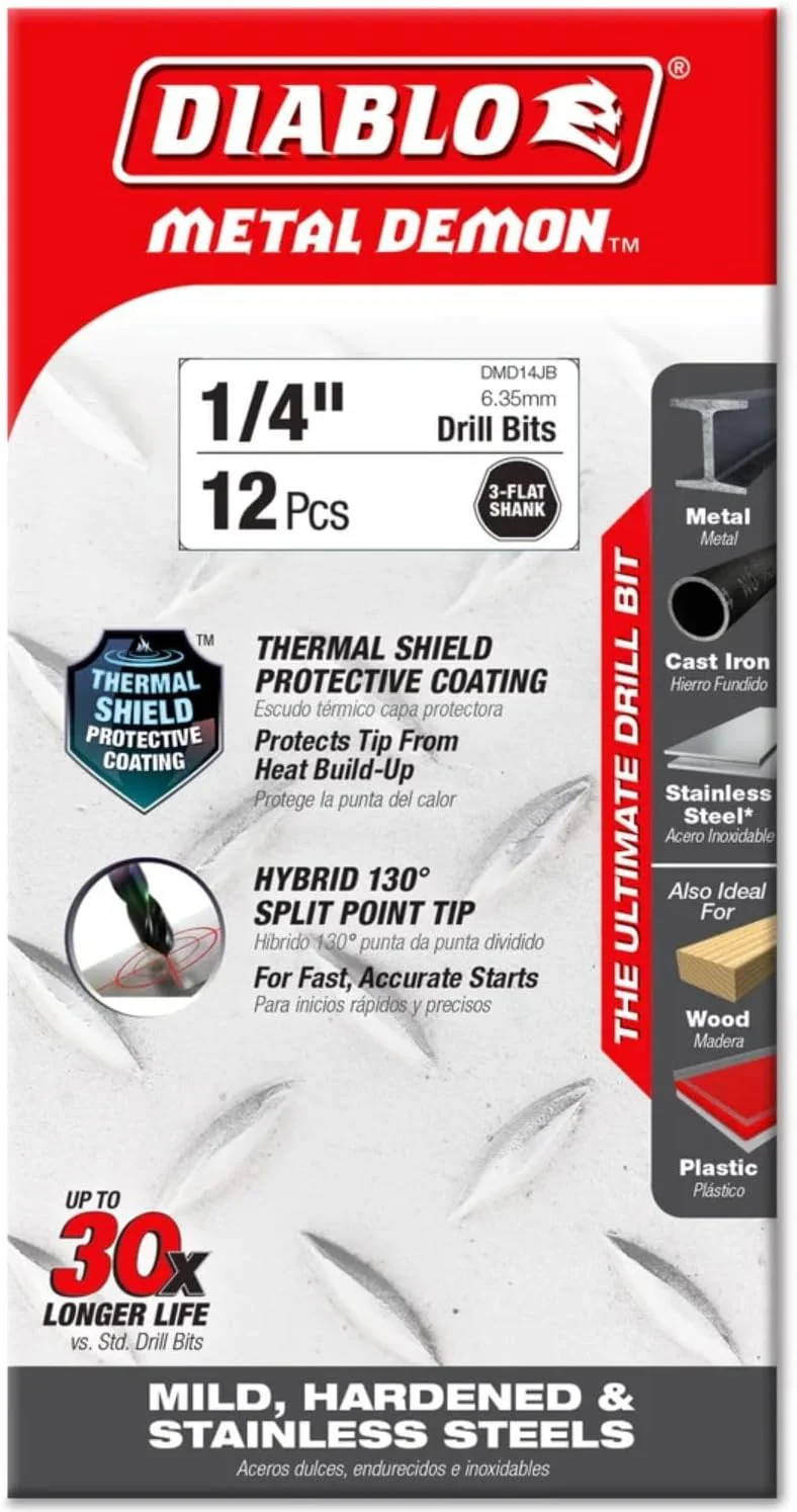 Diablo DMD14JB Metal Demon Drill Bit with Thermal Shield Protective Coating for Mild, Hardened and Stainless Steel - 4" Length, 1/4" Dia., 3-Flats Shank - Image 2