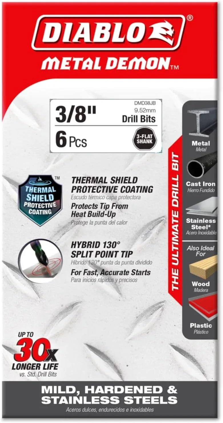 Diablo DMD38JB Metal Demon Drill Bit with Thermal Shield Protective Coating for Mild, Hardened and Stainless Steel - 5.2" Length, 3/8" Dia., 3-Flats Shank - Image 2