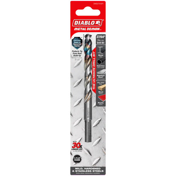 Diablo DMD2764JP1 Metal Demon Drill Bit with Thermal Shield Protective Coating for Mild, Hardened and Stainless Steel - 5.6" Length, 27/64" Dia., 3-Flats Reduced Shank - Image 2