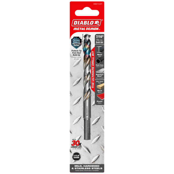Diablo DMD716JP1 Metal Demon Drill Bit with Thermal Shield Protective Coating for Mild, Hardened and Stainless Steel - 5.6" Length, 7/16" Dia., 3-Flats Reduced Shank - Image 2