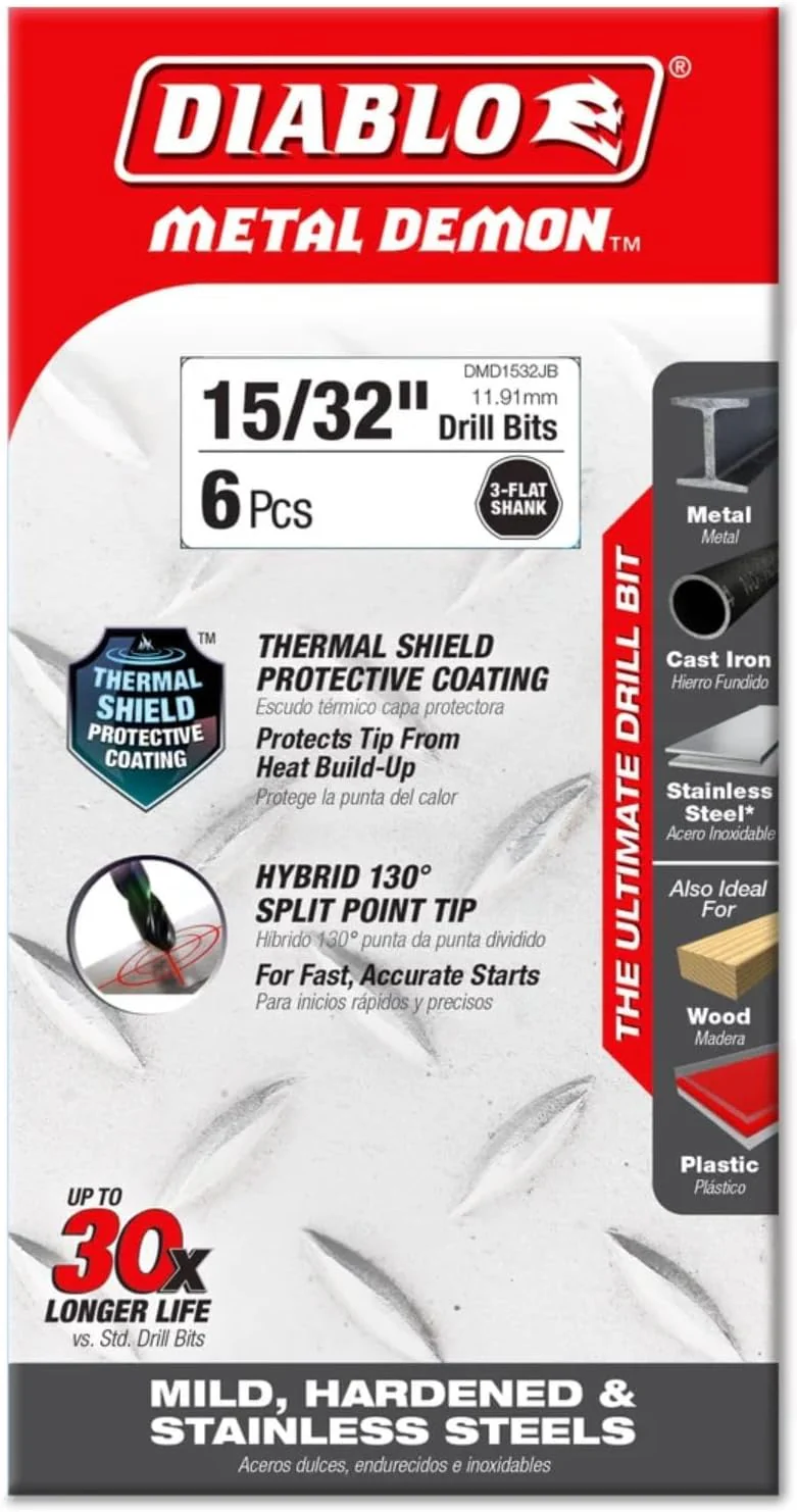 Diablo DMD1532JB Metal Demon Drill Bit with Thermal Shield Protective Coating for Mild, Hardened and Stainless Steel, 5.9" Length, 15/32" Diameter, 3-Flats Shank - Image 2