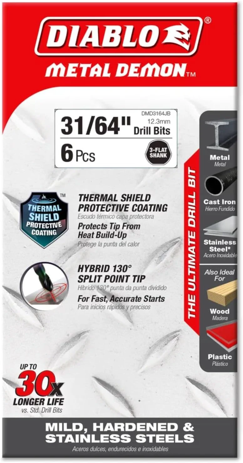 Diablo DMD3164JB Metal Demon Drill Bit with Thermal Shield Protective Coating for Mild, Hardened and Stainless Steel - 5.9" Length, 31/64" Dia., 3-Flats Shank - Image 2