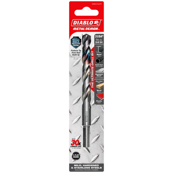 Diablo DMD3164JP1 Metal Demon Drill Bits for Mild, Hardened and Stainless Steels, 31/64-Inch Diameter, 3-Flats Reduced Shank, 5.9-Inch Length - Image 2