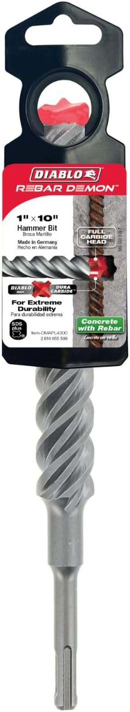 Diablo Rebar Demon SDS-Plus 4-Cutter Full Carbide Head Hammer Drill Bit - 1" Diameter, 10" Length, 8" Working Length - DMAPL4300 - Image 3