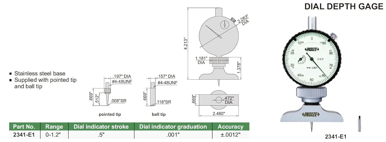 INSIZE 2345-E1 DIAL Depth GAGE with 60° Base, 0-1", - Image 2