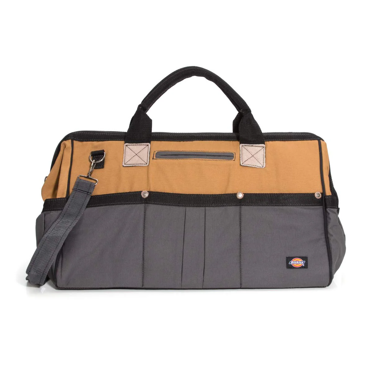 Dickies 57033 20-Inch Durable Canvas Work Bag for Painters, Carpenters, and Builders, Heavy-Duty Zipper, Reinforced Handles, Exterior Pockets, Shoulder Strap, Tan/Grey
